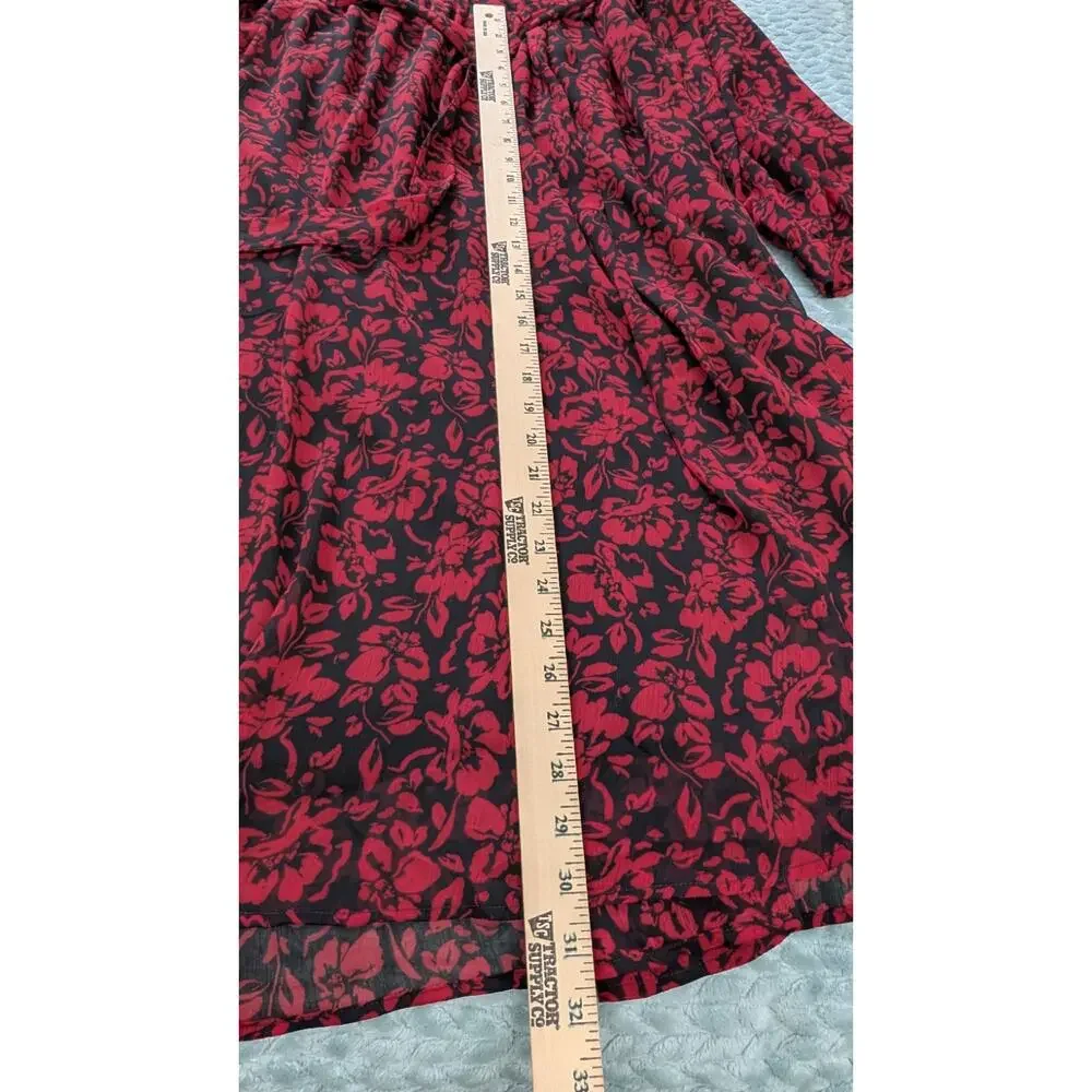 Torrid Black Red Midi Dress 00 Large V Neck sheer Balloon Sleeve Pockets - Picture 11 of 14